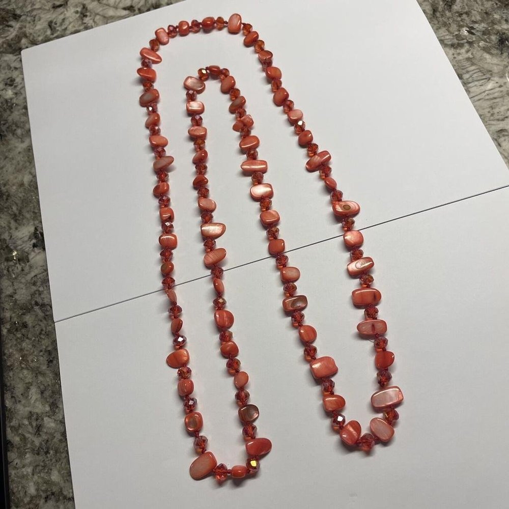 Women’s Costume Necklace Red Shell / Glass Beads Handmade 48 Inch